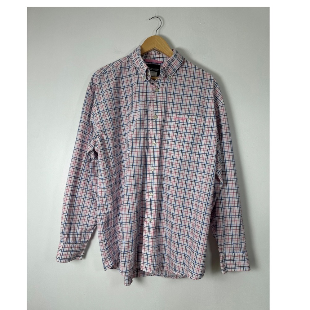 Westerncore Wrangler Mens XL Button Down Shirt Pink Blue‎ Plaid Embroidered Logo